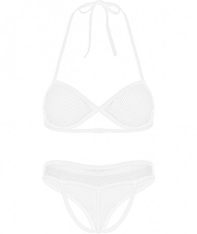 Sets Women's Fishnet Triangle Bikini Set 2pcs See-Through Swimwear - White B - CG19G5RCKG7 $24.58