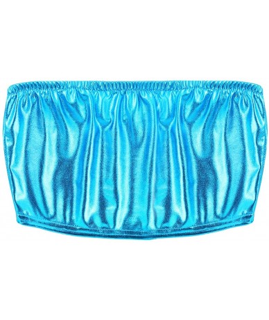 Tops Women's Shiny Metallic Strapless Tube Bandeau Bra Top Party Dance Crop Top Clubwear - Blue - CR18RWOYIZO $30.47