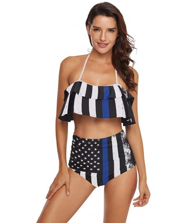 Sets Women Flounce High Waisted Bikini Set Halter Neck Two Piece Swimsuit Police Blue Line Flag Police Thin Blue Line Flag - ...