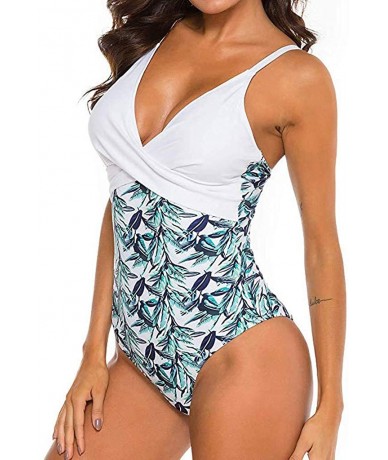 Cover-Ups Swimsuits for Women One Piece Tummy Control-Twist Front Swimsuit High Neck Plunge Leaf Ruched Monokini Swimwear - Y...