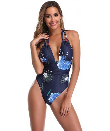 One-Pieces Women's Monokini Front Cross One Piece Swimsuit Tummy Control Swimwear - Zy9531 Dark Blue - CO19DDTT89M $35.99