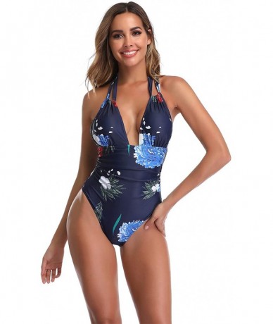 One-Pieces Women's Monokini Front Cross One Piece Swimsuit Tummy Control Swimwear - Zy9531 Dark Blue - CO19DDTT89M $35.99