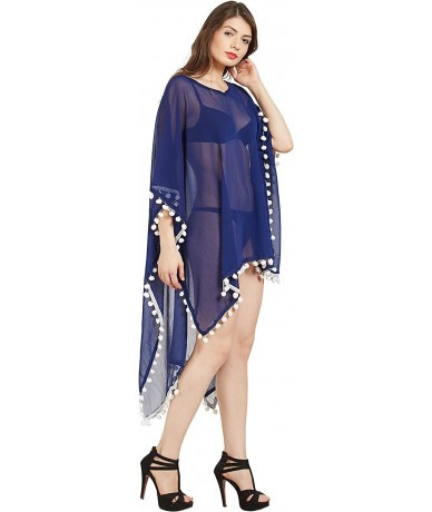 Cover-Ups Women's Sexy Pom Trim Kaftan Bikini Bath Swimsuit Beach Wrap Cover Ups Pareo Canga Swimwear - Navy Blue - CR180KATE...