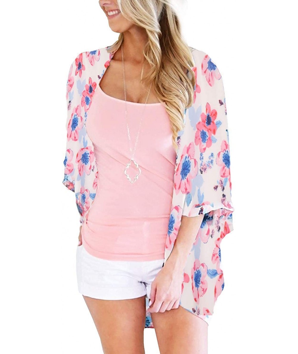 Cover-Ups Women's Floral Kimono Cardigan Summer Loose Chiffon Beach Open Front Cover Up Tops - White8671 - CR18QCC8E02 $27.84