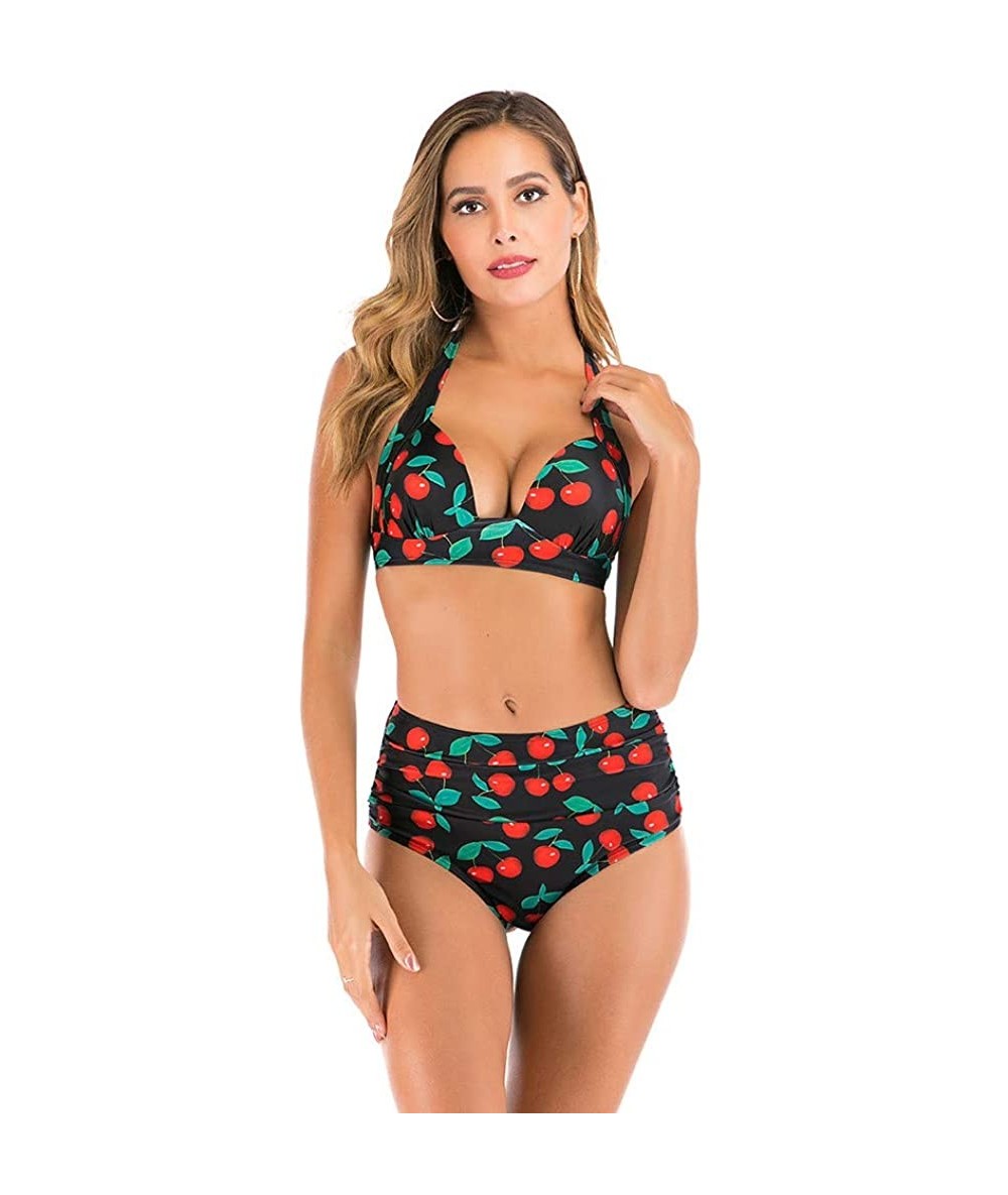 Sets Two Piece Bikini Set for Women Vintage Flounce Swimwear Floral Print Halter Cutout High Waisted Racerback Swimsuit - Red...