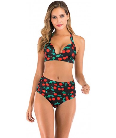 Sets Two Piece Bikini Set for Women Vintage Flounce Swimwear Floral Print Halter Cutout High Waisted Racerback Swimsuit - Red...