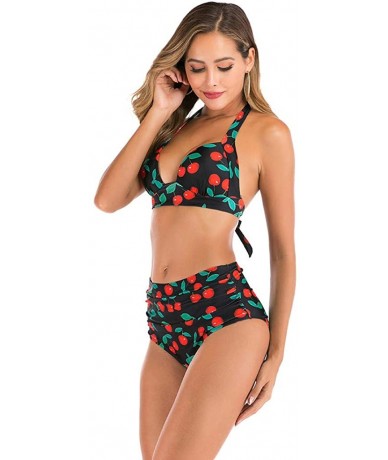 Sets Two Piece Bikini Set for Women Vintage Flounce Swimwear Floral Print Halter Cutout High Waisted Racerback Swimsuit - Red...