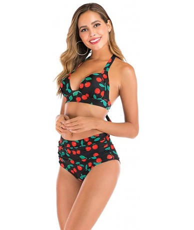 Sets Two Piece Bikini Set for Women Vintage Flounce Swimwear Floral Print Halter Cutout High Waisted Racerback Swimsuit - Red...