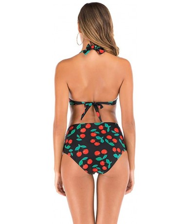 Sets Two Piece Bikini Set for Women Vintage Flounce Swimwear Floral Print Halter Cutout High Waisted Racerback Swimsuit - Red...