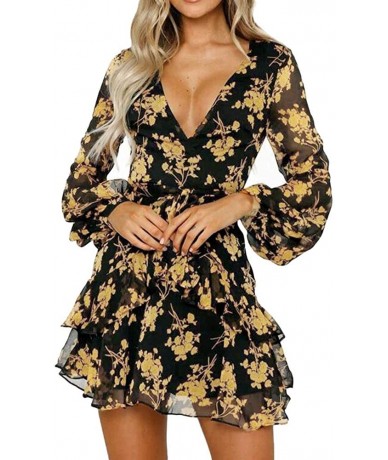 Cover-Ups Women Summer Beach Dress- Sexy Bohemian Sundresses Open Back Halter Deep V Lace Floral Skirt- Long Sleeve Chiffon C...