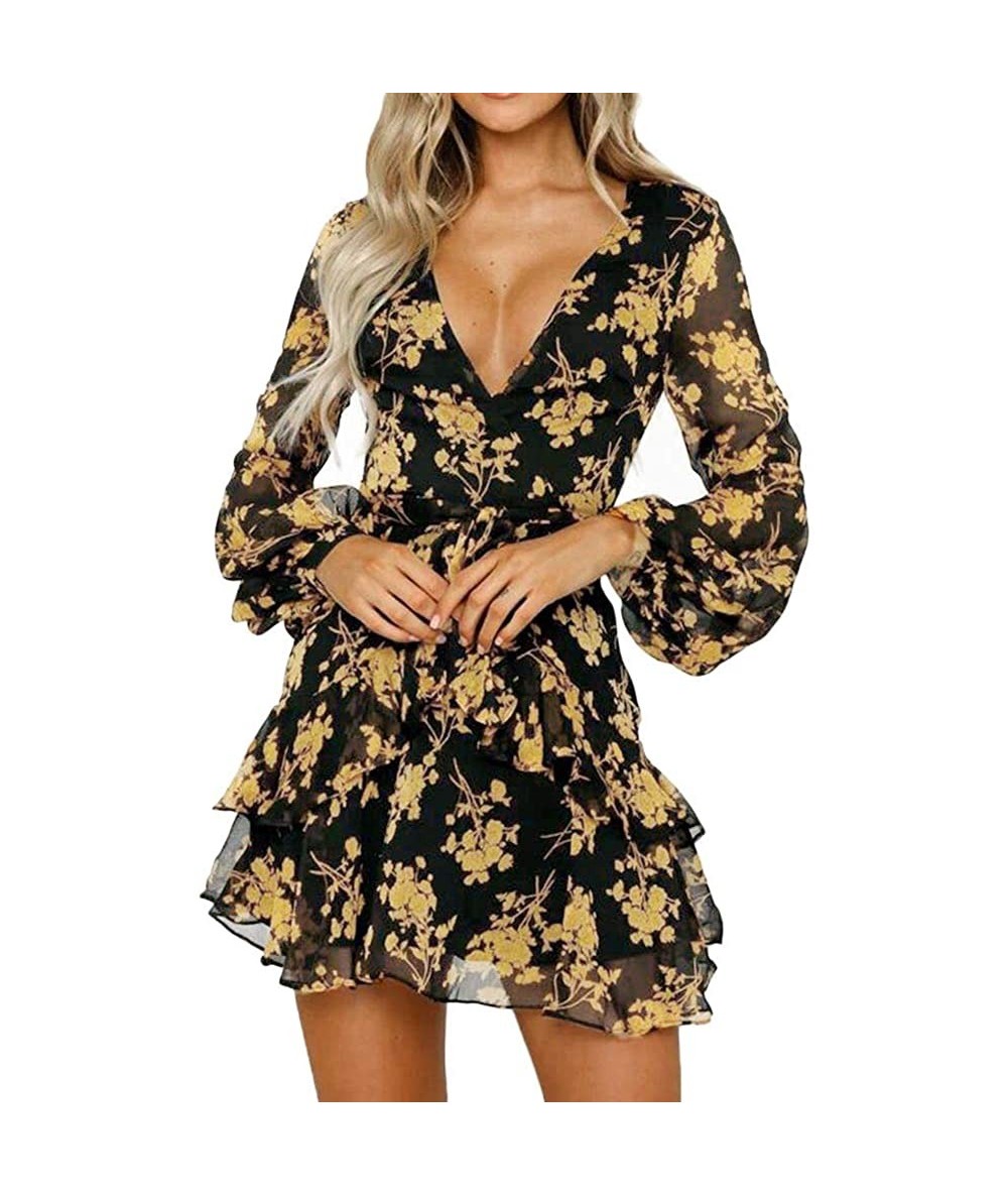 Cover-Ups Women Summer Beach Dress- Sexy Bohemian Sundresses Open Back Halter Deep V Lace Floral Skirt- Long Sleeve Chiffon C...