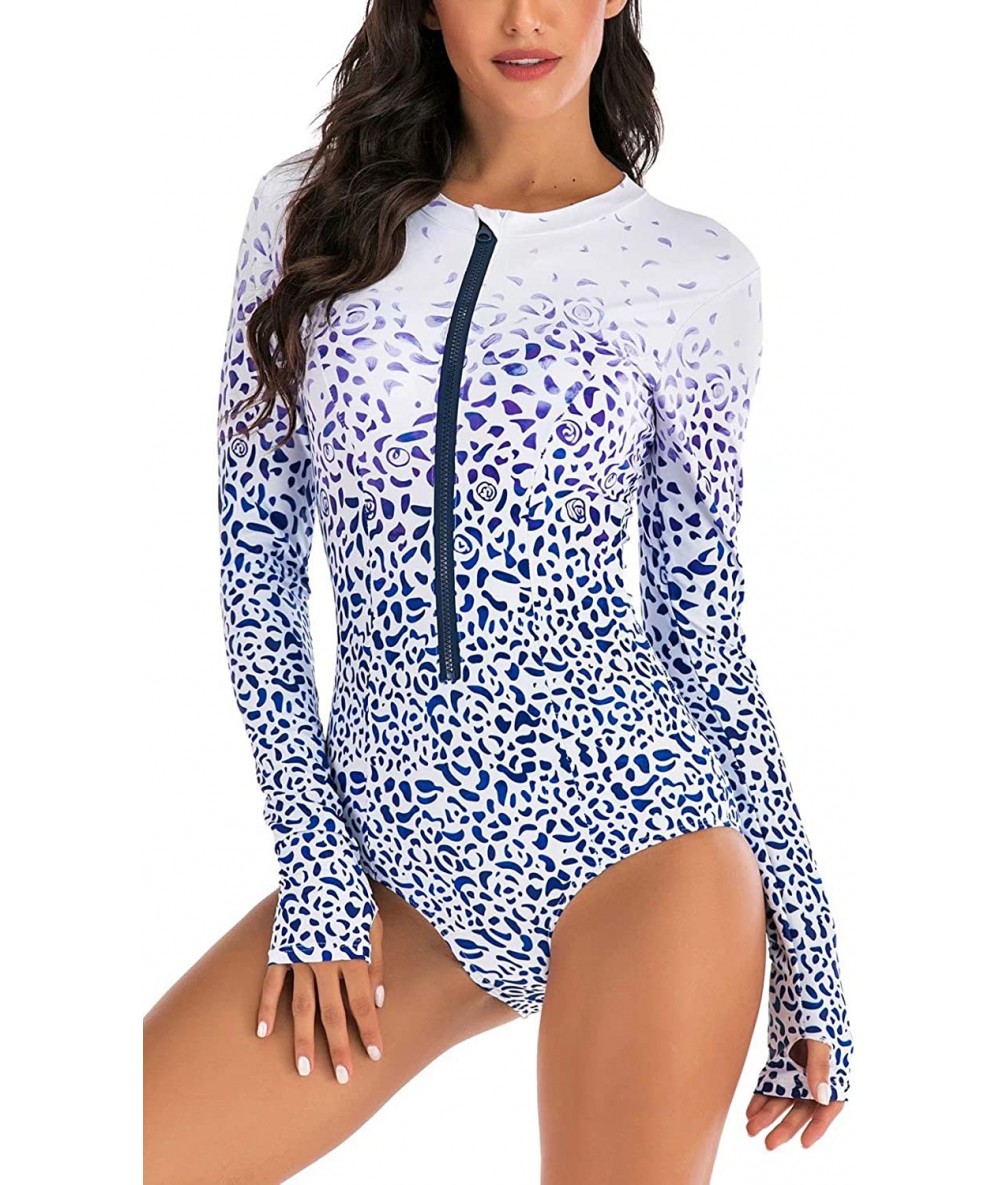 Rash Guards Women's Athletic Swimsuit Long Sleeve Rash Guard Swimming Bathing Suit Swimwear - Blue White Floral - CY1945XELRE...