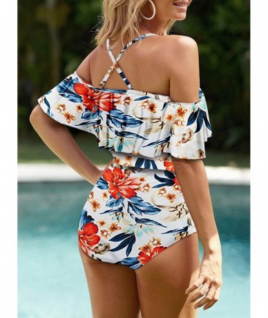 One-Pieces Sexy One Piece Swimsuits for Women Tummy Control Off Shoulder Striped Flounce Ruffle Lace up Bathing Suit 1multico...