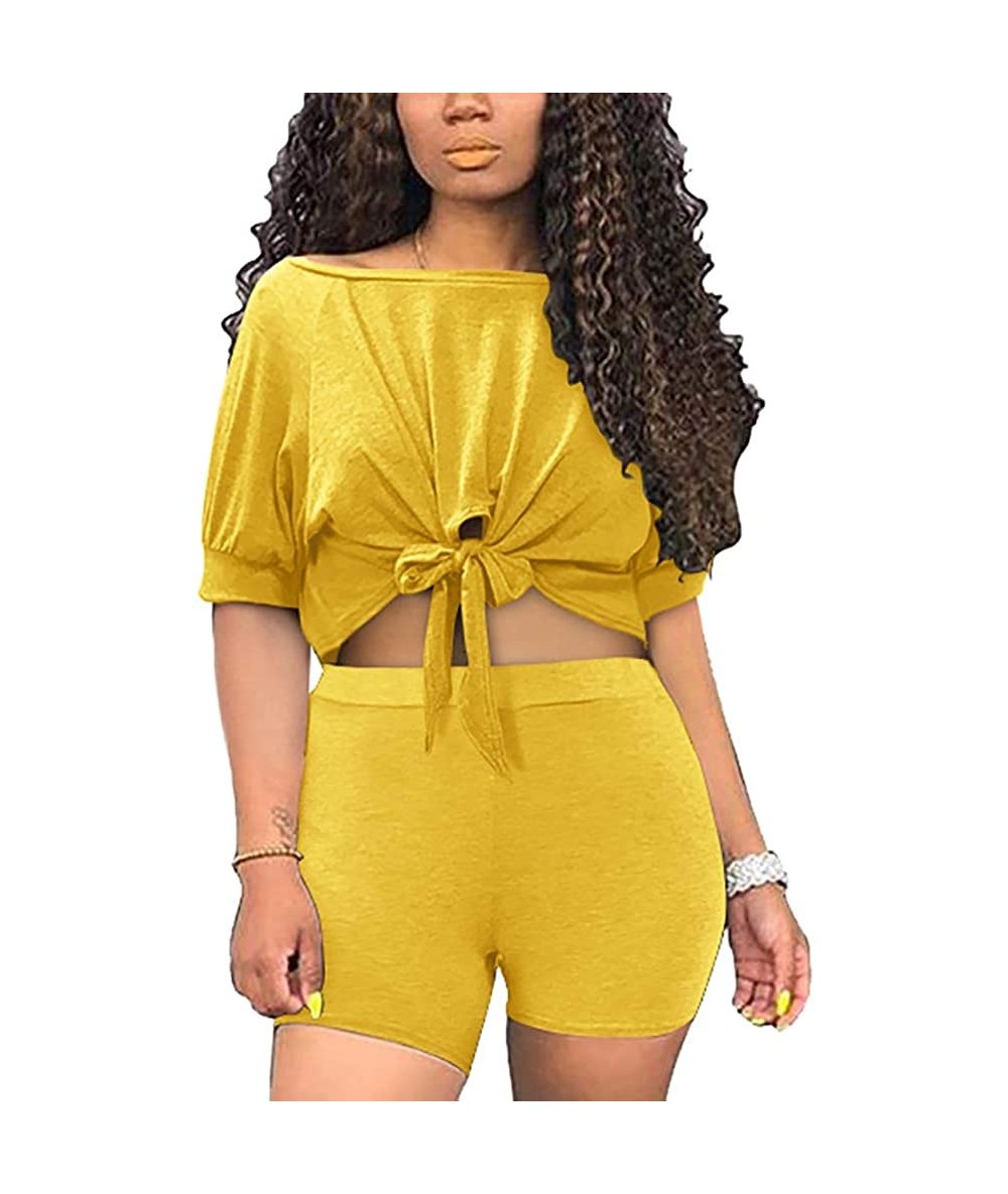 Sets 2 Piece Outfits for Women - Sexy Two Piece Sets Tie Front Crop Top + Skinny Pants Jumpsuits - Yellow-boat Neck - CQ19976...