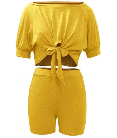 Sets 2 Piece Outfits for Women - Sexy Two Piece Sets Tie Front Crop Top + Skinny Pants Jumpsuits - Yellow-boat Neck - CQ19976...