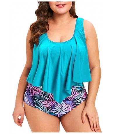 Racing Womens Plus Size Swimsuit Halter Neck Tankini Top Bottom Two Piece Bathing Suit Ruffled Swimwear - Sky Blue - CI196UO9...