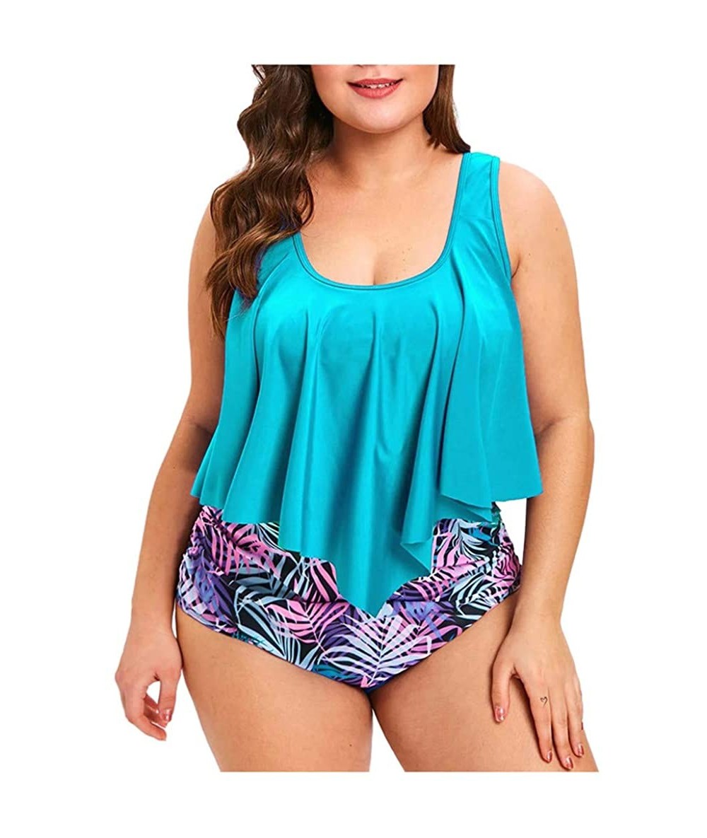 Racing Womens Plus Size Swimsuit Halter Neck Tankini Top Bottom Two Piece Bathing Suit Ruffled Swimwear - Sky Blue - CI196UO9...