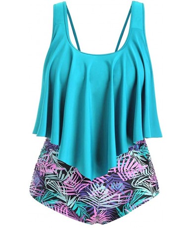 Racing Womens Plus Size Swimsuit Halter Neck Tankini Top Bottom Two Piece Bathing Suit Ruffled Swimwear - Sky Blue - CI196UO9...