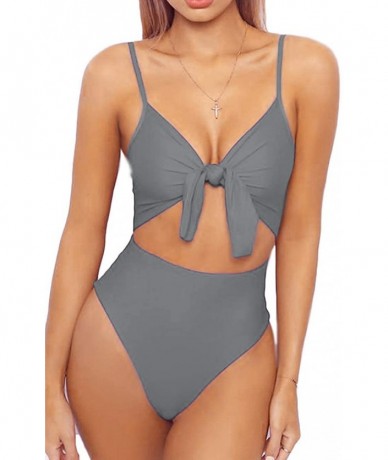 One-Pieces Women's Spaghetti Strap Tie Knot Front Cut Out High Waist One Piece Swimsuits - Grey - CP18RHQCU07 $39.63