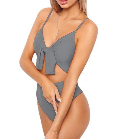 One-Pieces Women's Spaghetti Strap Tie Knot Front Cut Out High Waist One Piece Swimsuits - Grey - CP18RHQCU07 $39.63