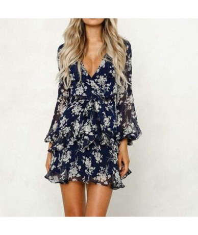 Cover-Ups Women Summer Beach Dress- Sexy Bohemian Sundresses Open Back Halter Deep V Lace Floral Skirt- Long Sleeve Chiffon C...