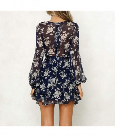 Cover-Ups Women Summer Beach Dress- Sexy Bohemian Sundresses Open Back Halter Deep V Lace Floral Skirt- Long Sleeve Chiffon C...