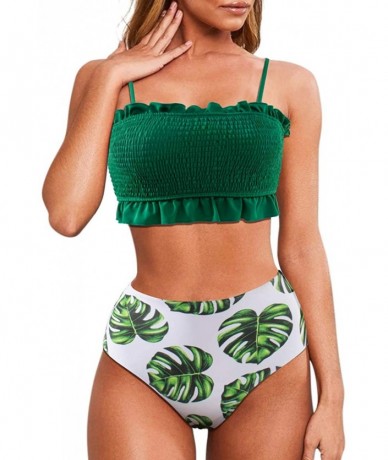 Sets Women's Shirred Bandeau Bikini Top High Waisted Bottom 2 Piece Swimsuits Bikini Set - Green Leaf - C4199MYKSZX $50.62