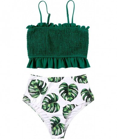 Sets Women's Shirred Bandeau Bikini Top High Waisted Bottom 2 Piece Swimsuits Bikini Set - Green Leaf - C4199MYKSZX $50.62