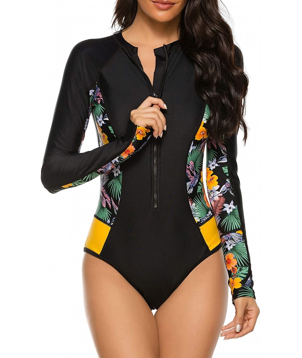 Racing Womens Long Sleeve Rash Guard UV Protection Zipper Floral Printed Surfing One Piece Swimsuit Bathing Suit - 05 Black Y...