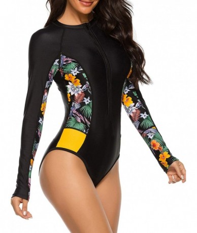 Racing Womens Long Sleeve Rash Guard UV Protection Zipper Floral Printed Surfing One Piece Swimsuit Bathing Suit - 05 Black Y...