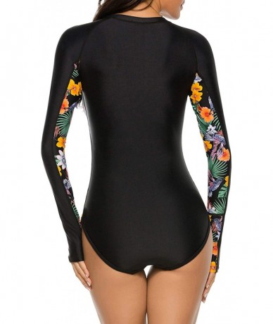 Racing Womens Long Sleeve Rash Guard UV Protection Zipper Floral Printed Surfing One Piece Swimsuit Bathing Suit - 05 Black Y...