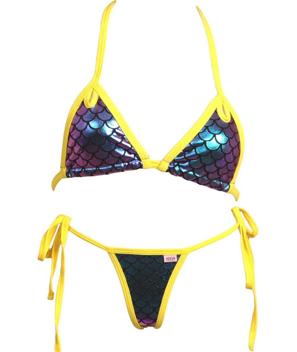 Sets Scale Bikini Top and Scrunchy Butt Tie Side Panty (Iridescent Scale Sexy Bikini) - Neon Yellow - CM18CAG7ZZE $33.72