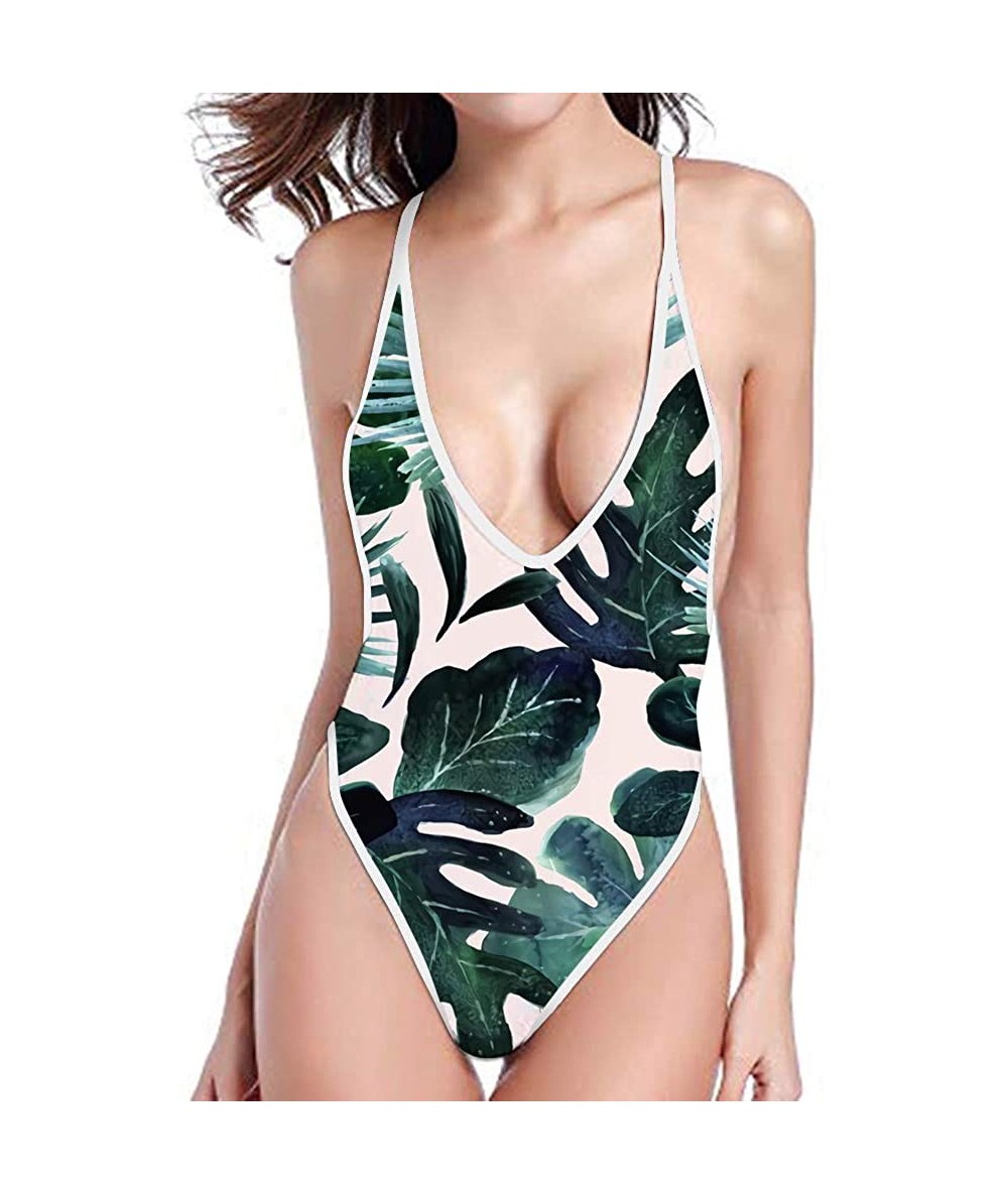 One-Pieces Women's Ladies Swimsuits Deep V One Piece Bathing Suits Bikini Beach Swimwear Bathing Suit - Coconut Tree - CS18QM...