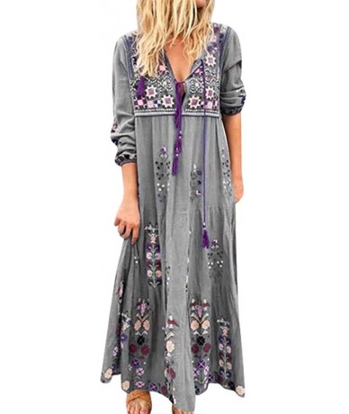 Cover-Ups Boho Dresses for Women Plus Size-Vintage Dot Print Maxi Dress Bohemian Long Dress Long Sleeve Dresses - Z2-grey - C...