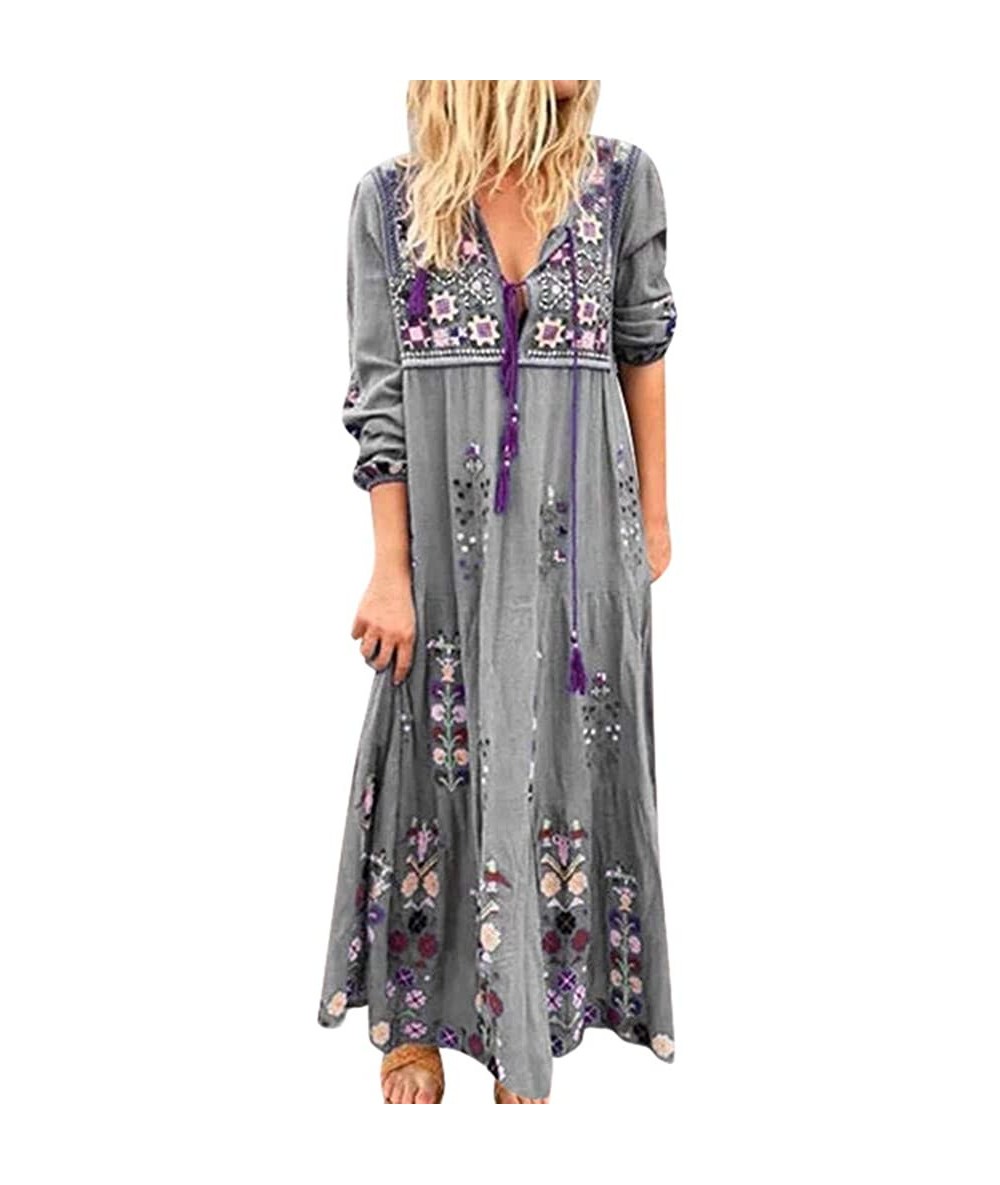 Cover-Ups Boho Dresses for Women Plus Size-Vintage Dot Print Maxi Dress Bohemian Long Dress Long Sleeve Dresses - Z2-grey - C...