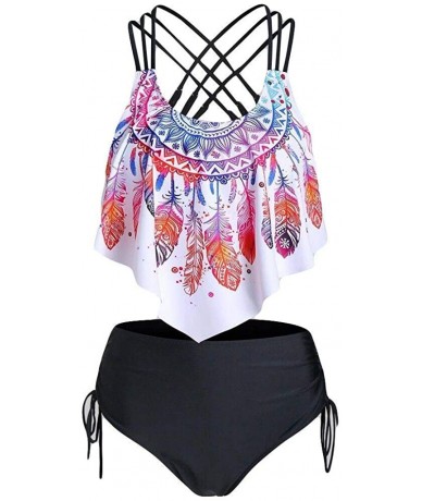 Sets Women Swimsuit Summer Sexy Feather Print Strappy Cinched Bathing Suit Tankini Swimwear - Mutil-a - CW197W4ZWX9 $44.13