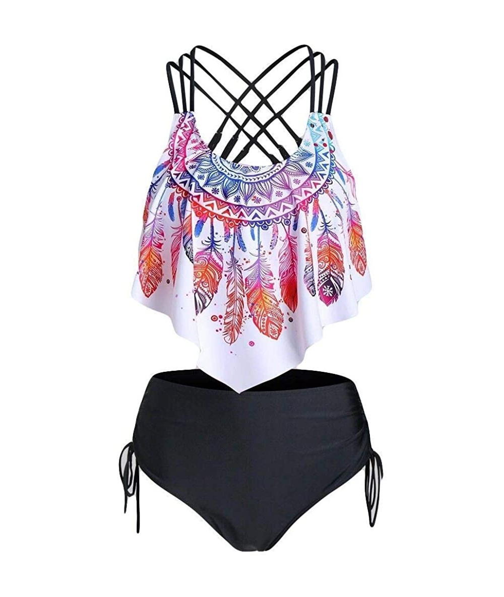 Sets Women Swimsuit Summer Sexy Feather Print Strappy Cinched Bathing Suit Tankini Swimwear - Mutil-a - CW197W4ZWX9 $44.13