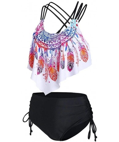 Sets Women Swimsuit Summer Sexy Feather Print Strappy Cinched Bathing Suit Tankini Swimwear - Mutil-a - CW197W4ZWX9 $44.13