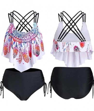 Sets Women Swimsuit Summer Sexy Feather Print Strappy Cinched Bathing Suit Tankini Swimwear - Mutil-a - CW197W4ZWX9 $44.13