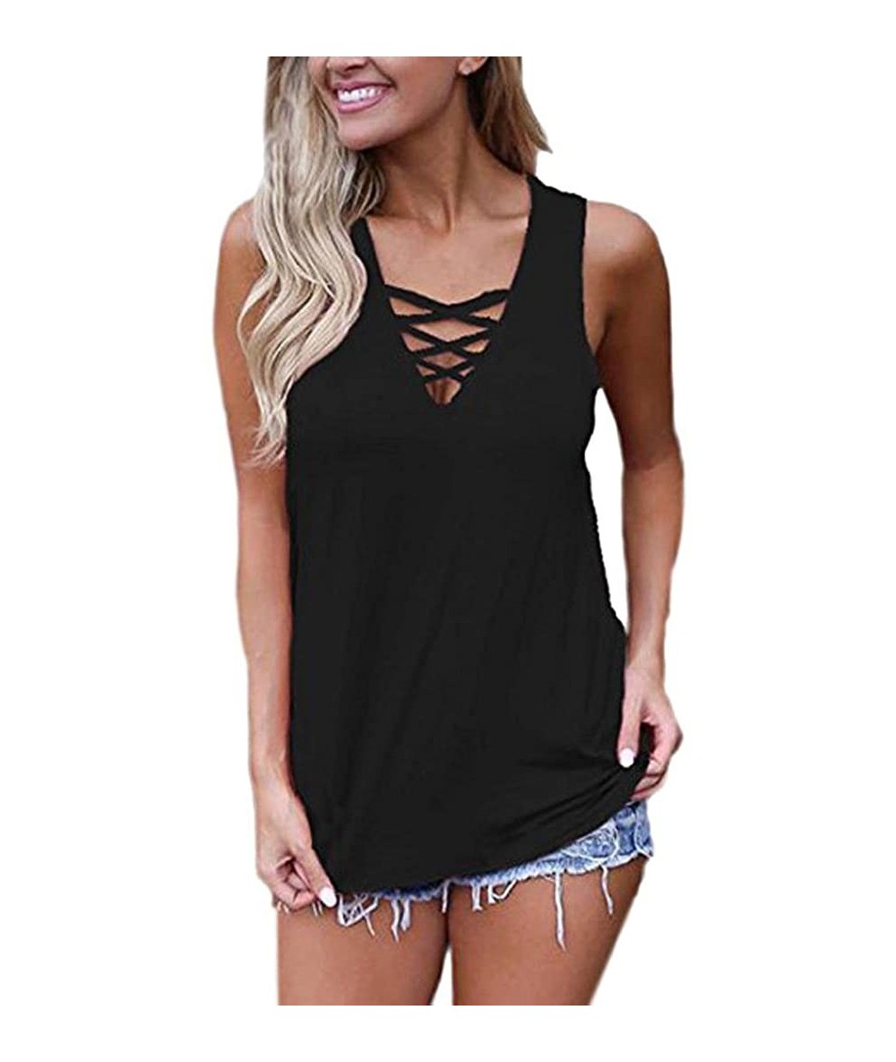 Tankinis Womens Tank Tops- Women's Blouse 2020 Summer Sleeveless V Neck Lace Up Hollow Out Criss Cross Camis - Black - CC18CQ...