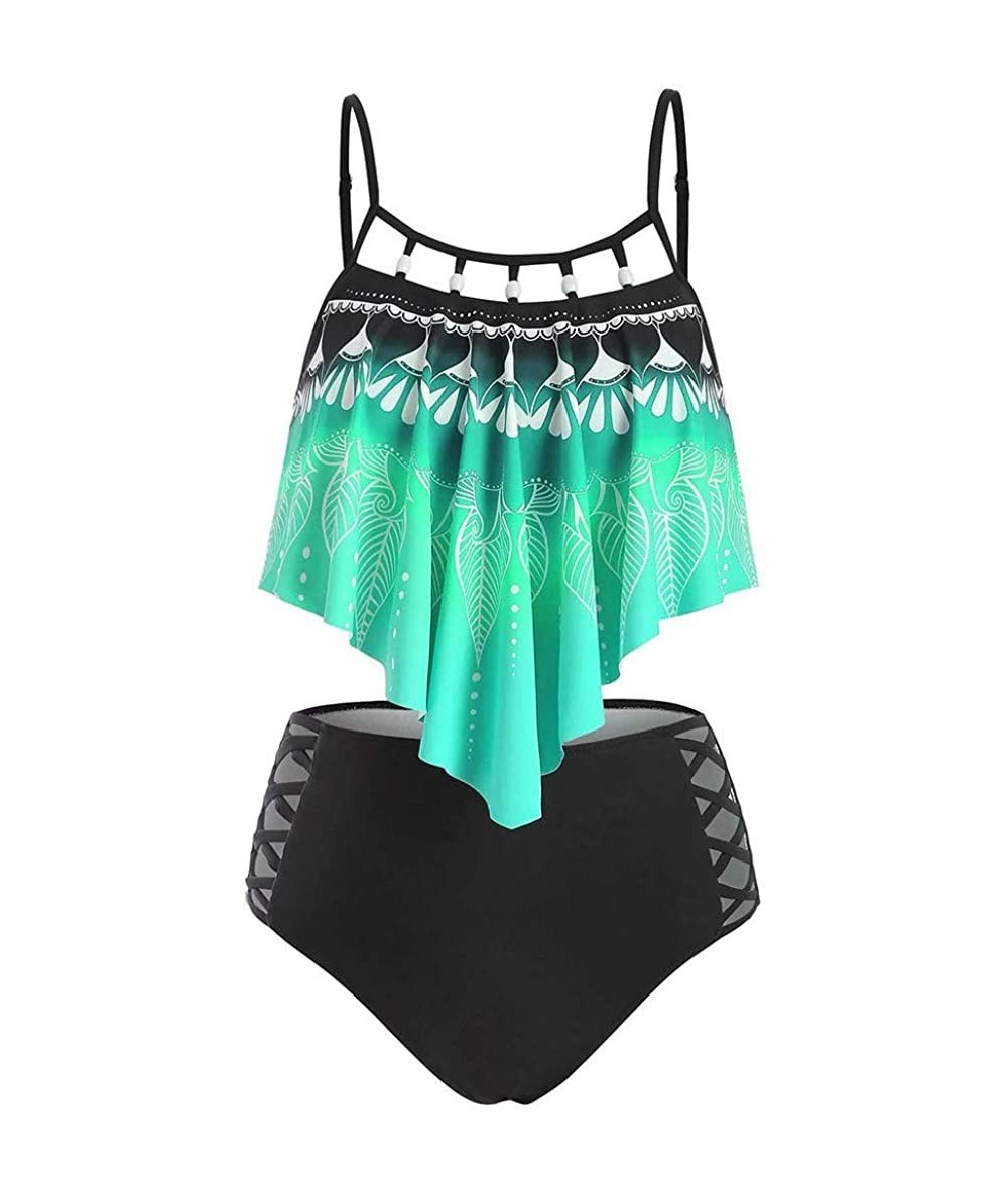 Sets Cute Swimsuits for Women 2020-Summer Sunflower Print 2 Piece Bathing Suit Push-Up Padded Overlay Bikini - Green - CZ196U...