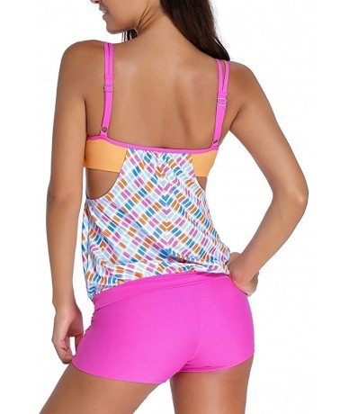 Tankinis Women's Stripes Lined Up Double Up Tankini Swimwear Swimsuit - Pink - C912GGNIVKR $30.61