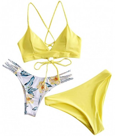 Sets Women's Bikini Print Set Swimsuit Three Piece Filled Bra Swimwear Beachwear - A-yellow - CU190XH7NL5 $39.69