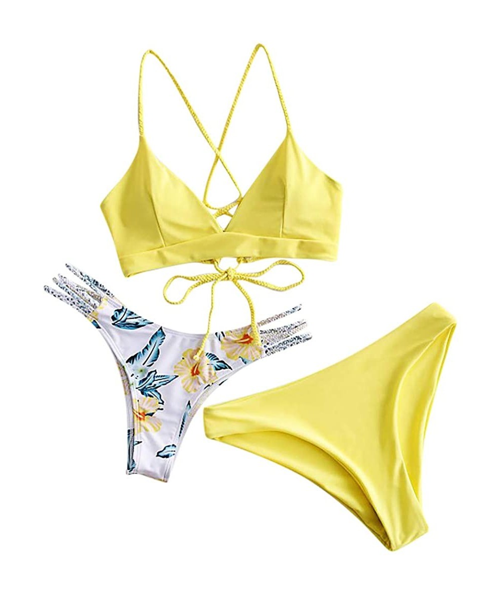 Sets Women's Bikini Print Set Swimsuit Three Piece Filled Bra Swimwear Beachwear - A-yellow - CU190XH7NL5 $39.69