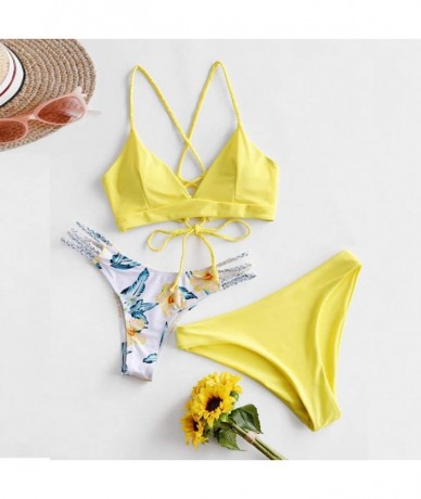 Sets Women's Bikini Print Set Swimsuit Three Piece Filled Bra Swimwear Beachwear - A-yellow - CU190XH7NL5 $39.69