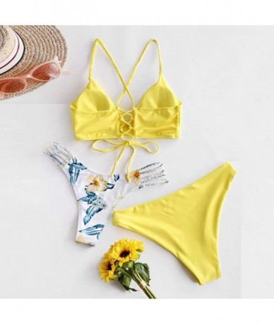 Sets Women's Bikini Print Set Swimsuit Three Piece Filled Bra Swimwear Beachwear - A-yellow - CU190XH7NL5 $39.69