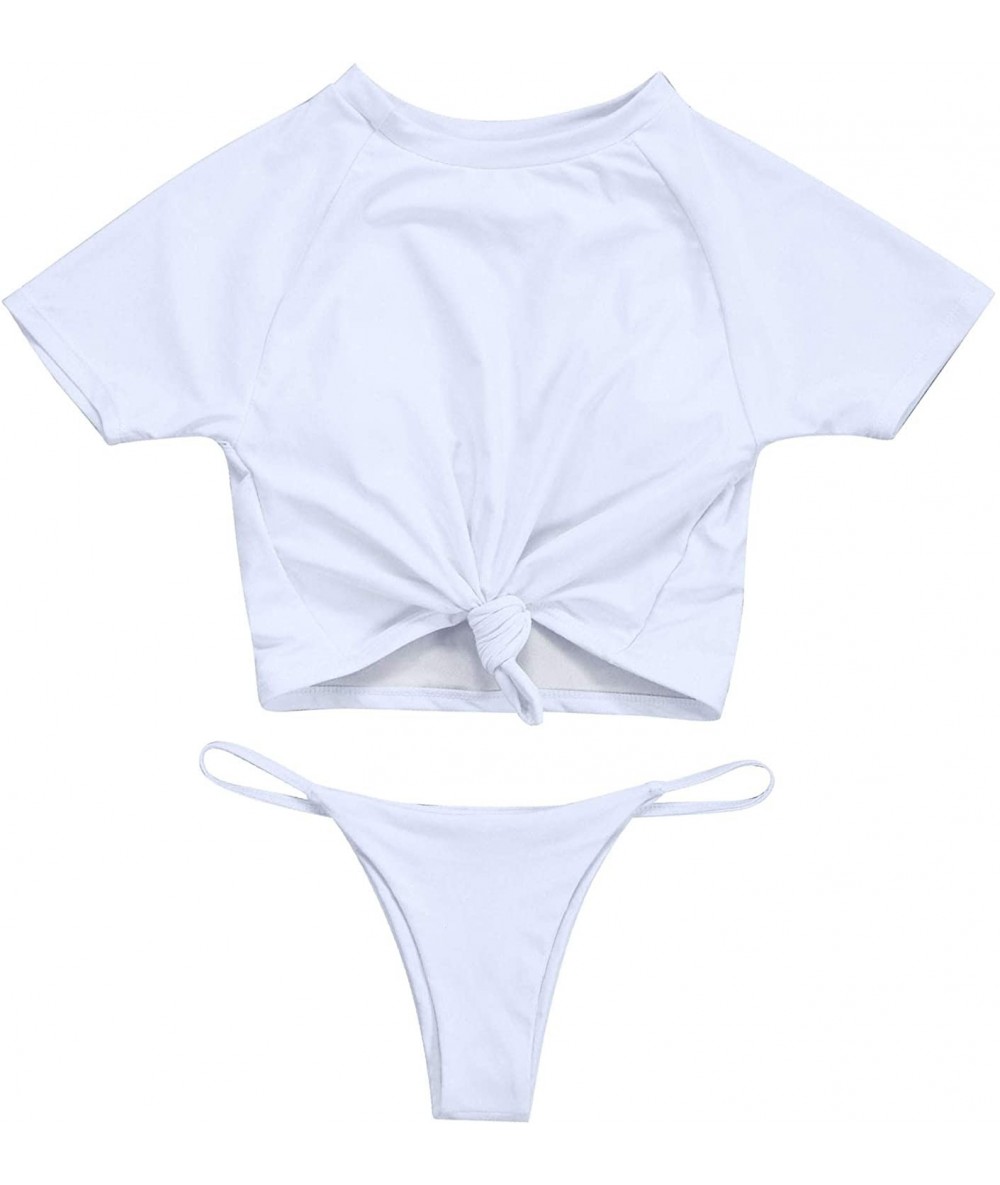 Sets Women's 2PCS Swimsuit Short Sleeve High Cut Bikini Set Bathing Suits - White - C918OYRYXT4 $42.04