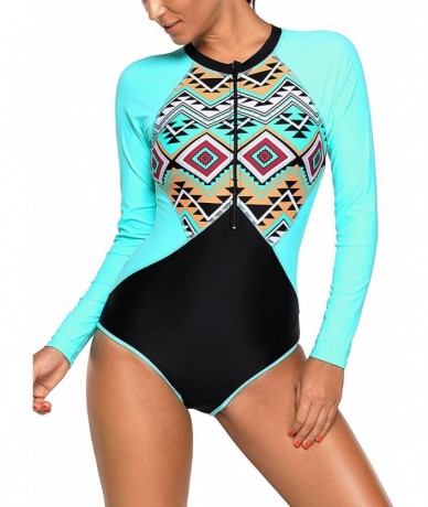 Rash Guards Women's Zip Front Printed Long-Sleeve Rash Guard Shirt One Piece Swimsuit - Blue - C11898H4Q8I $45.62