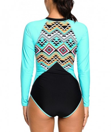 Rash Guards Women's Zip Front Printed Long-Sleeve Rash Guard Shirt One Piece Swimsuit - Blue - C11898H4Q8I $45.62