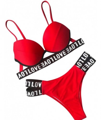 Sets Women Bikini Set Letter Printed Strappy Bra Top Swimwear Sporty Shorty Side Cut Tanga Set - Red - C118T4REL6H $22.63